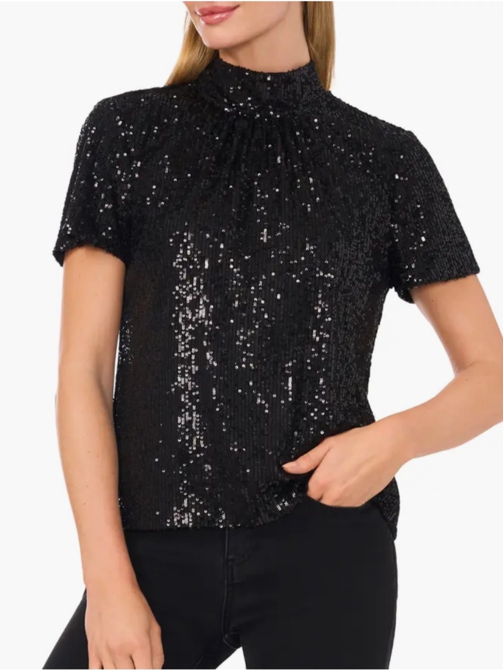 CeCe Short Sleeve Mock Neck Sequin Top Open Back Satin Bow Closure, Black, L